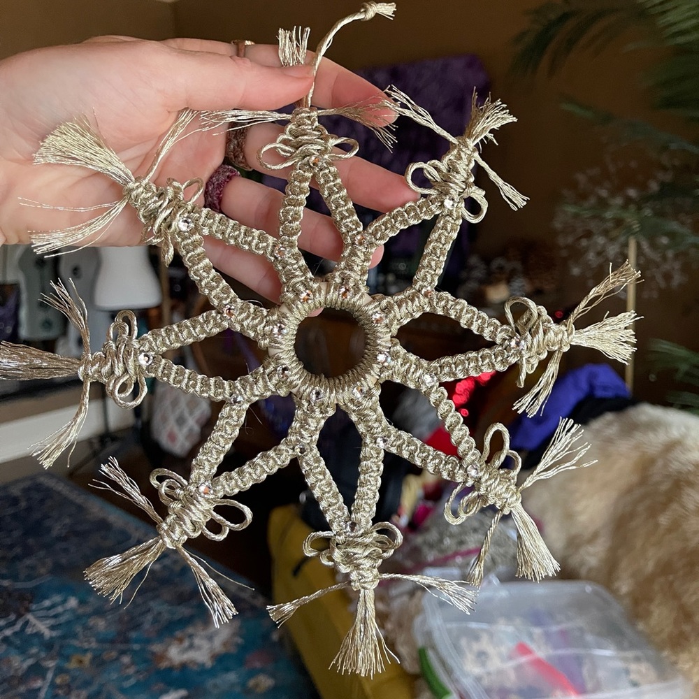 Handmade Macramé Metallic Silver Snowflake
